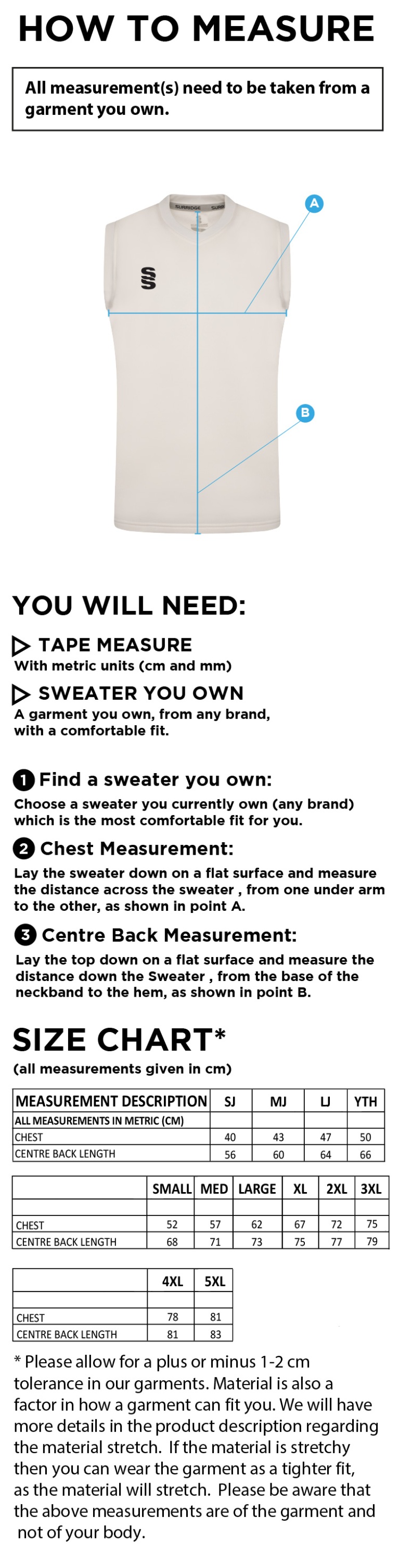 Balbriggan CC - Sleeveless Sweater - Men's Fit - Size Guide