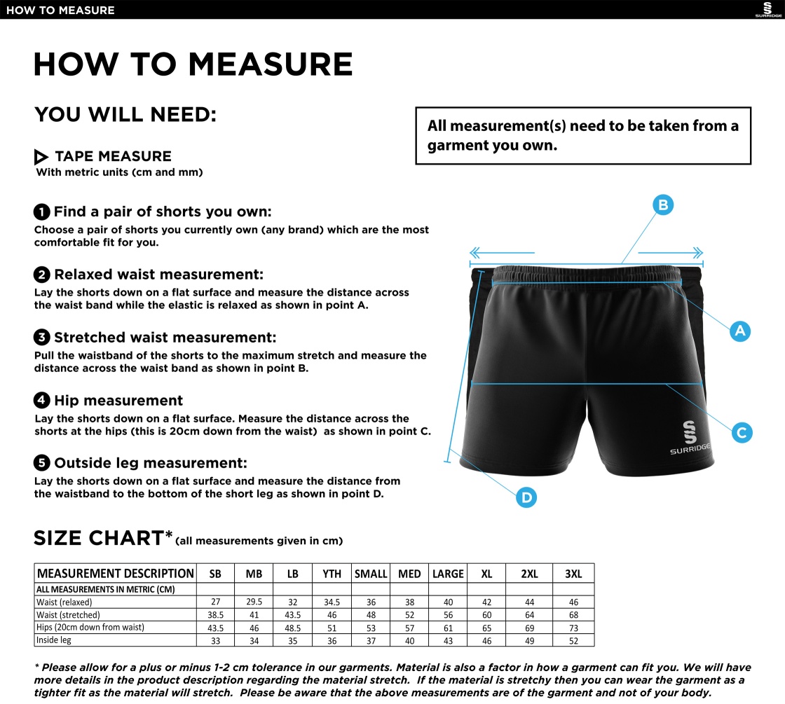 Balbriggan CC - Performance Gym Short - Unisex Fit - Size Guide