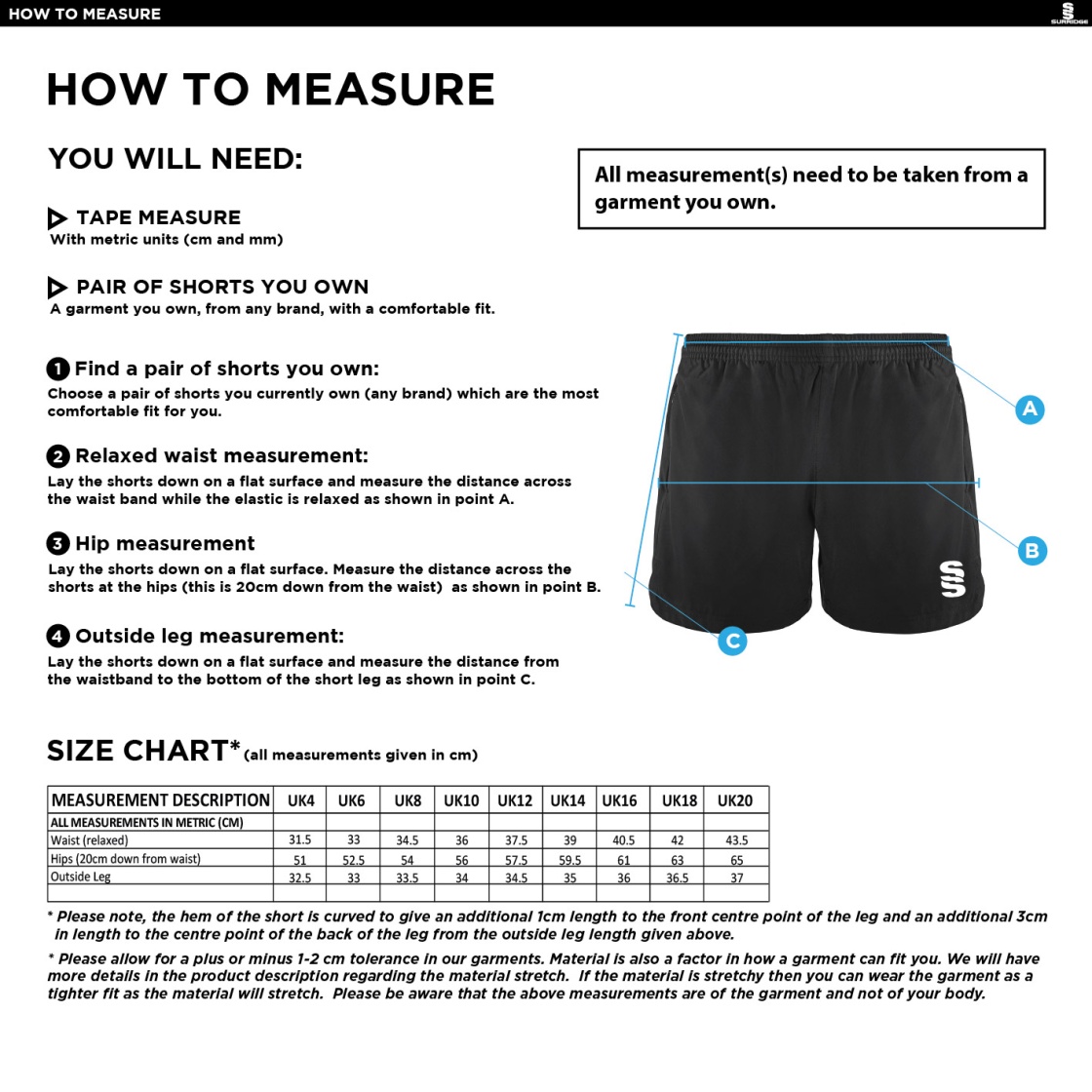 Balbriggan CC - Performance Gym Short - Women's Fit - Size Guide