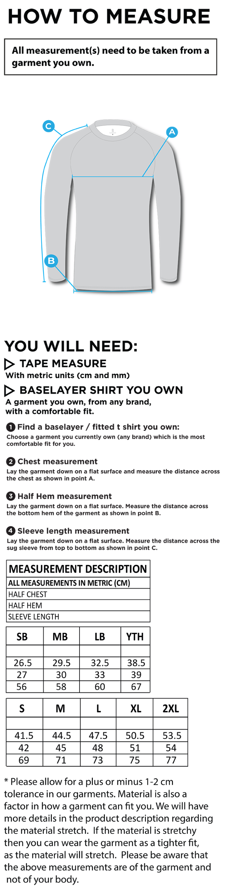 Balbriggan CC - Baselayer Long Sleeve Sug - Unisex Fit - Size Guide