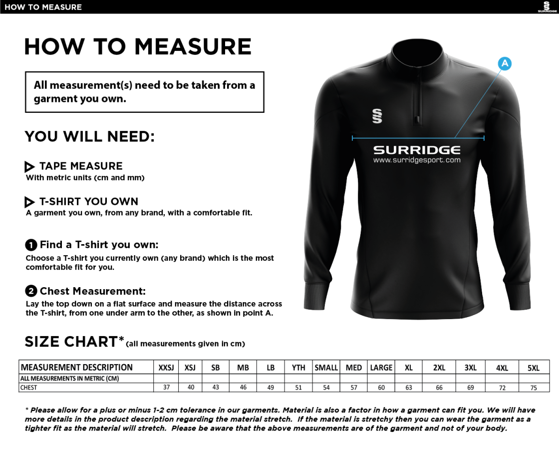 Balbriggan CC - 1/4 Zip Dual Performance Top - Unisex Fit - Size Guide