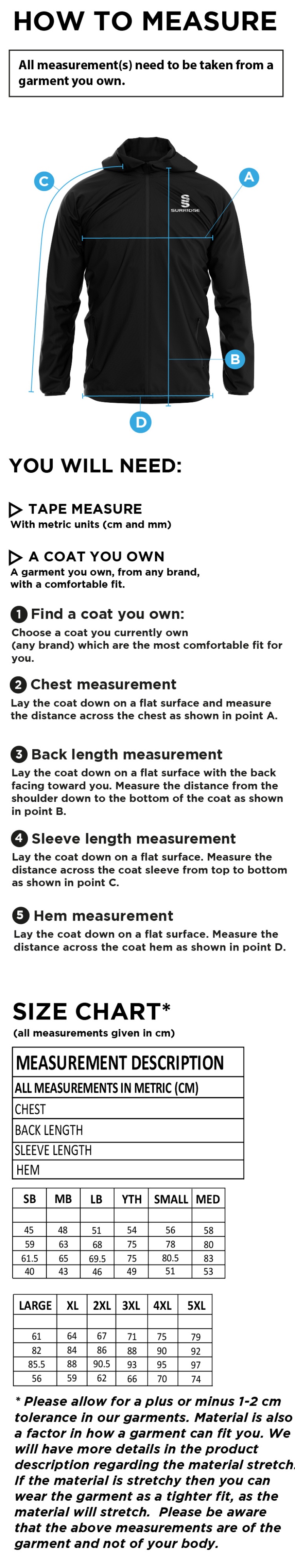 Balbriggan CC - Dual Full Zip Training Jacket - Unisex Fit - Size Guide