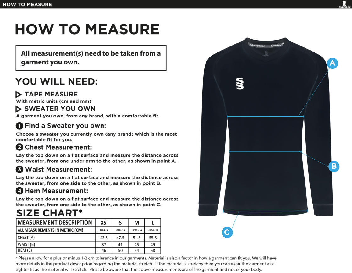 Balbriggan CC - Long Sleeve Sweater - Women's Fit - Size Guide