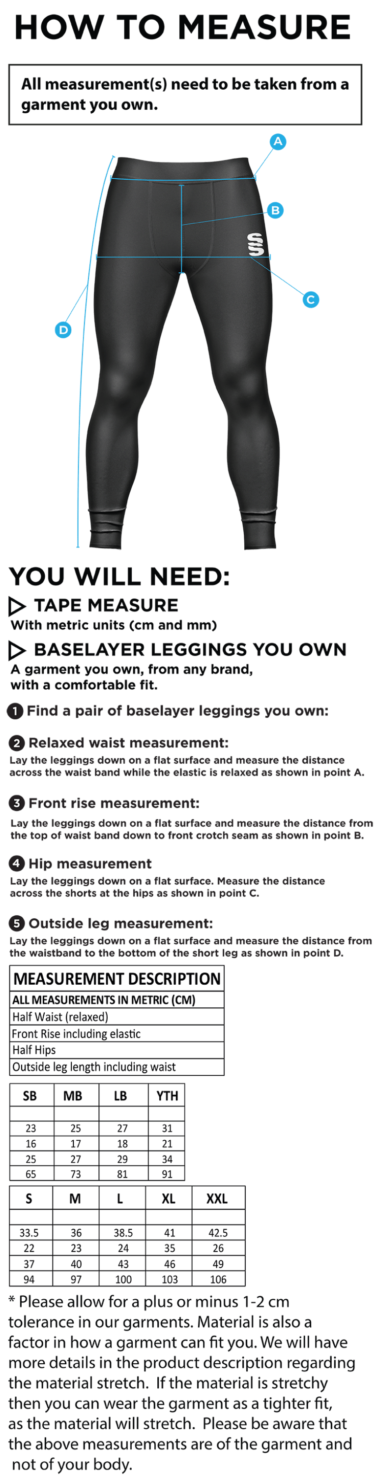 Balbriggan CC - Dual Baselayer Legging - Men's Fit - Size Guide