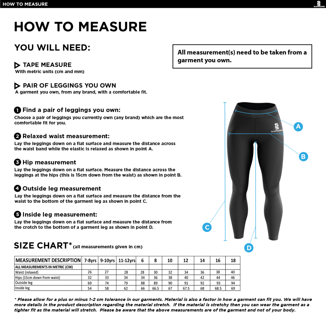 Balbriggan CC - Performance Full Length Leggings - Unisex Fit - Size Guide