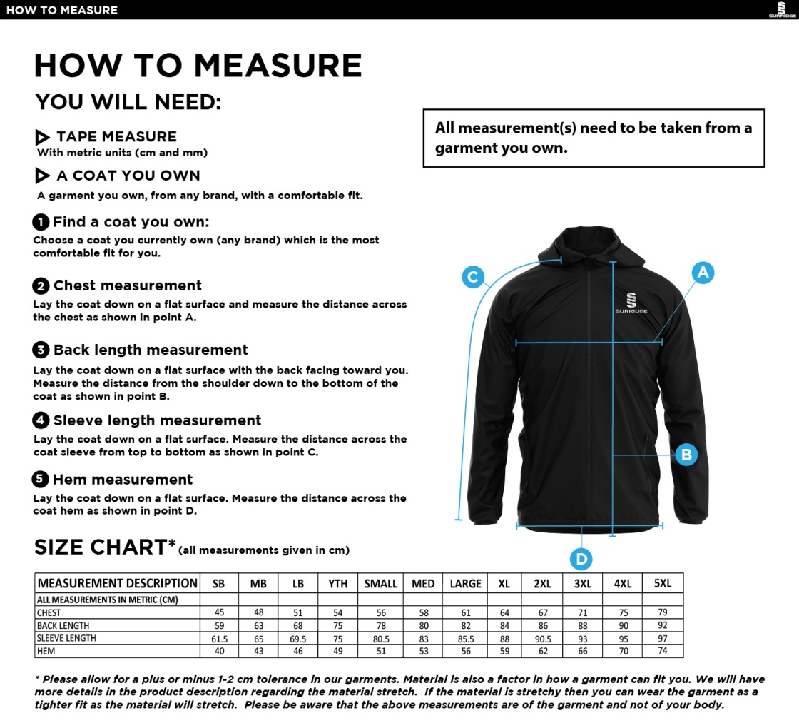 Balbriggan CC - Dual Full Zip Training Jacket - Unisex Fit - Size Guide