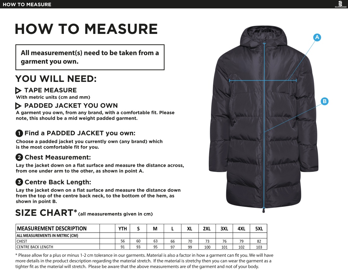 Balbriggan CC - Active Long Padded Jacket - Unisex Fit - Size Guide