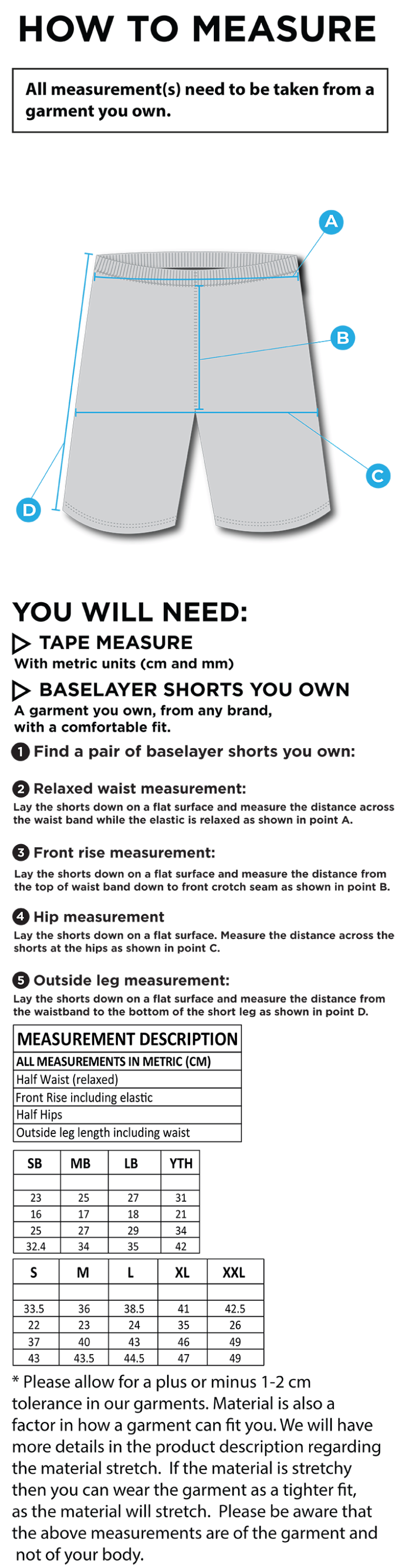 Balbriggan CC - Dual Baselayer Short - Unisex Fit - Size Guide