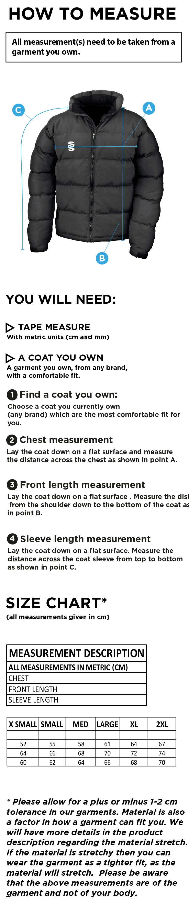 Balbriggan CC - Dual Puffa Jacket - Women's Fit - Size Guide